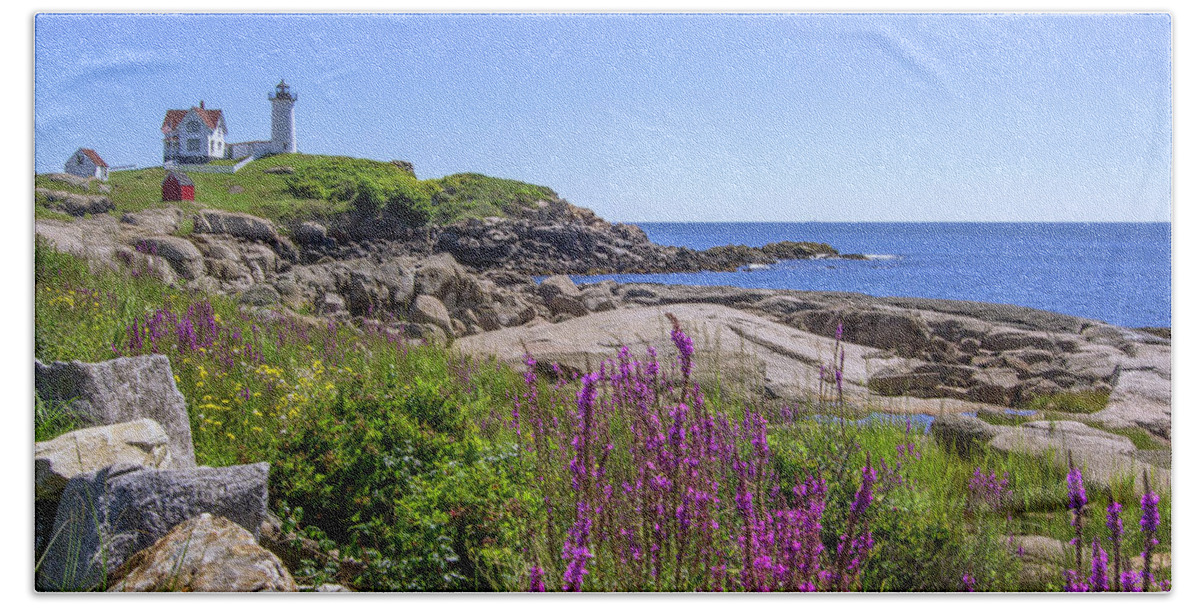 Maine Beach Towel featuring the photograph Nubble Light Flowers by Chris Whiton