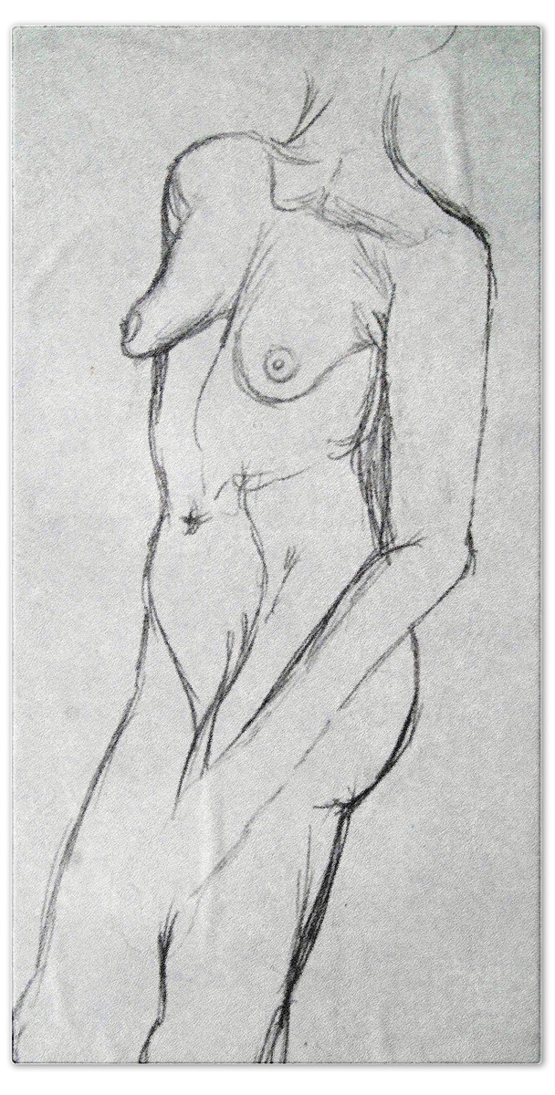 Nude Beach Towel featuring the drawing Nude Gestural by Angela Murray