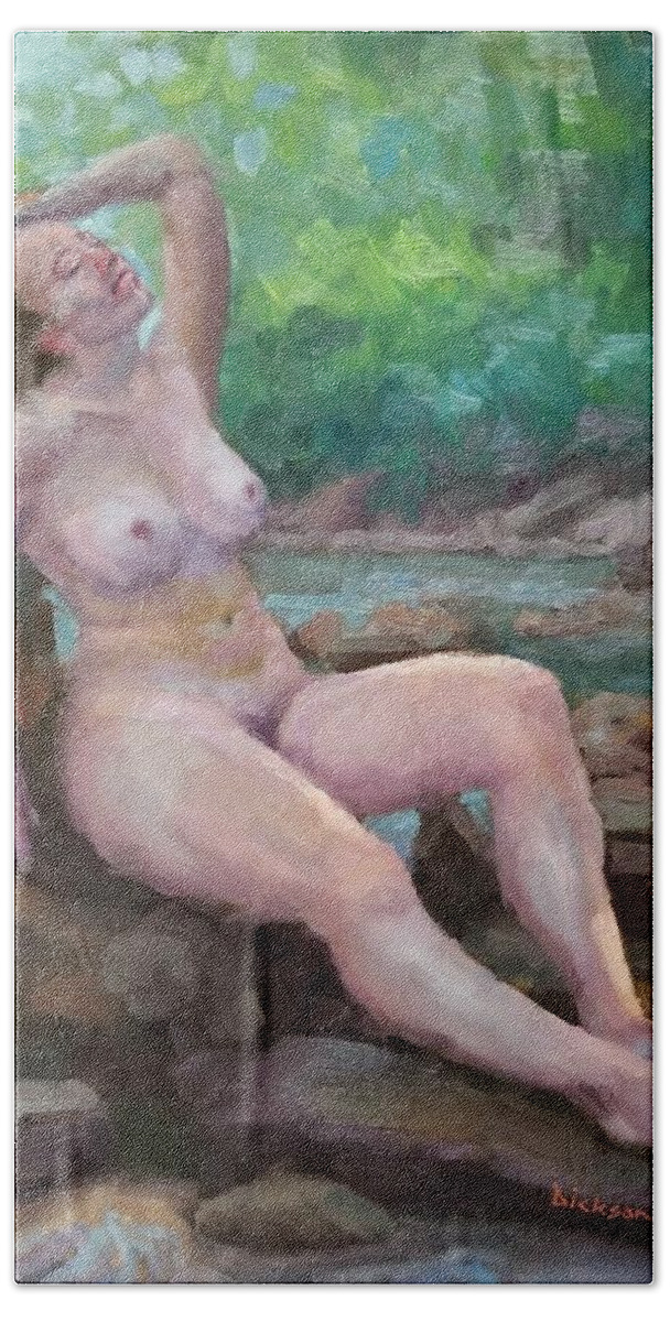 Plein Air Beach Towel featuring the painting Nude woman by creek by Jeff Dickson