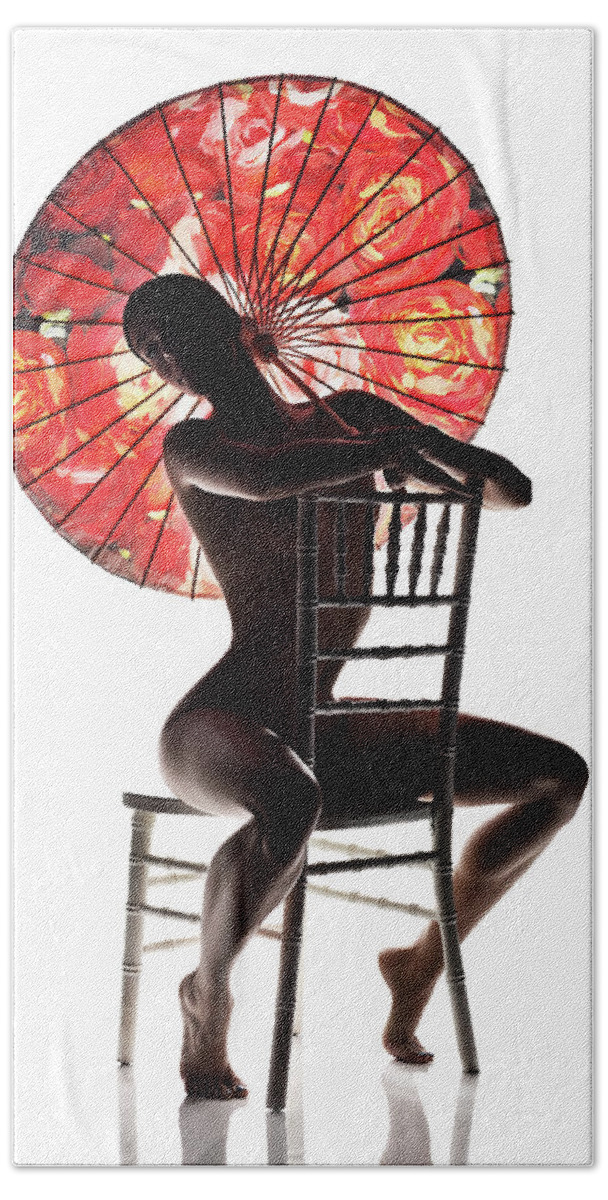 Woman Beach Towel featuring the photograph Nude woman with red parasol 2 by Johan Swanepoel