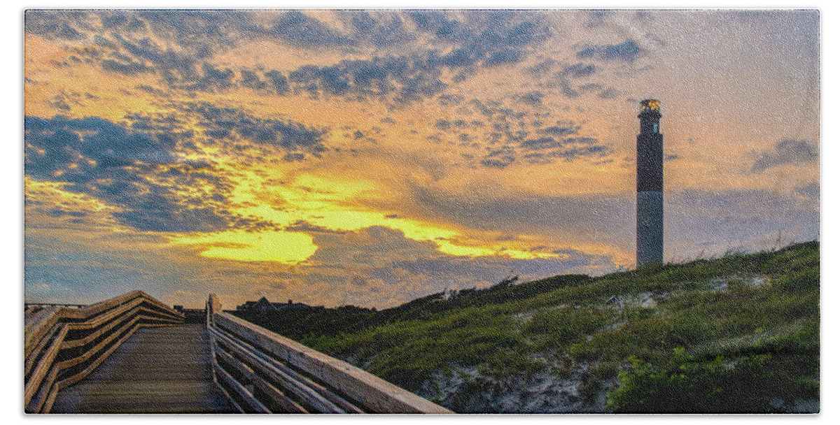 Oak Island Beach Towel featuring the photograph Oak Island Lighthouse Sunset by Nick Noble