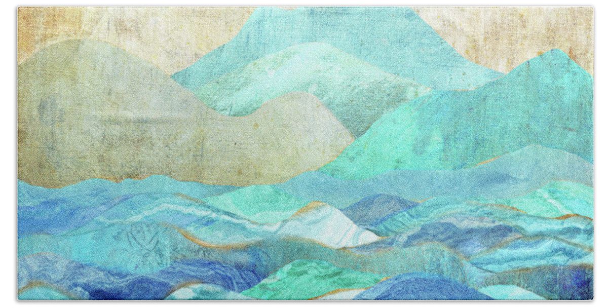 Abstract Landscape Beach Towel featuring the digital art Ocean Blue and Mountains Too by Peggy Collins