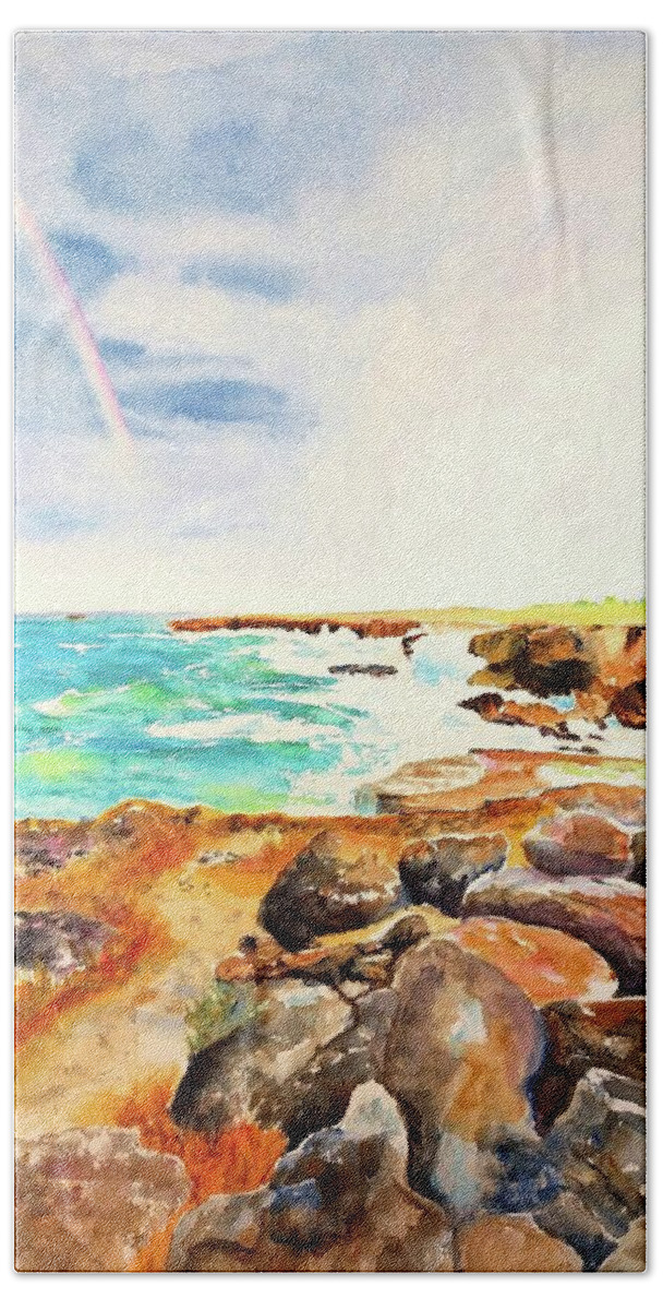 Coast Beach Towel featuring the painting Ocean Rainbow - Coastal Fog by Carlin Blahnik CarlinArtWatercolor