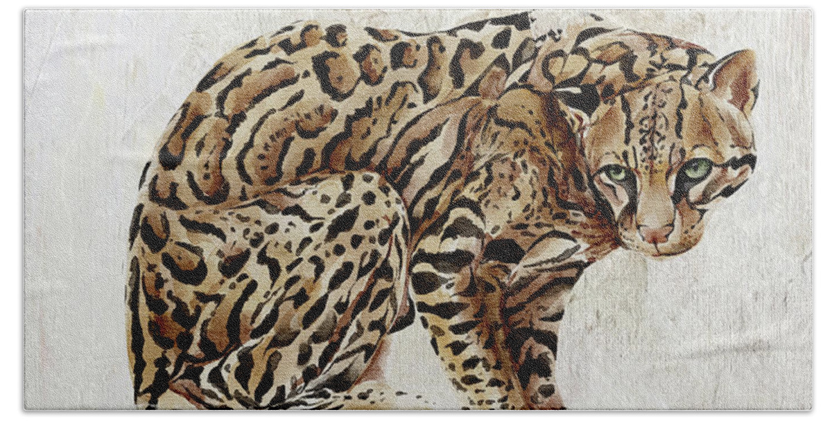 Ocelot Beach Towel featuring the painting Ocelot Wild Cat Animal Painting by Garden Of Delights