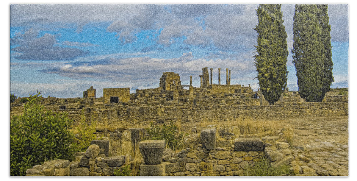 Roman Ruins In Morocco Beach Towel featuring the photograph October in Volubilis by Edward Shmunes
