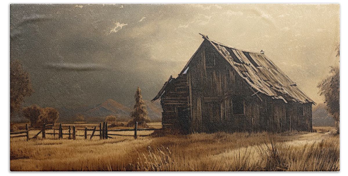 Old Barn Beach Towel featuring the painting Old But Stately -Old Barn Artwork by Lourry Legarde