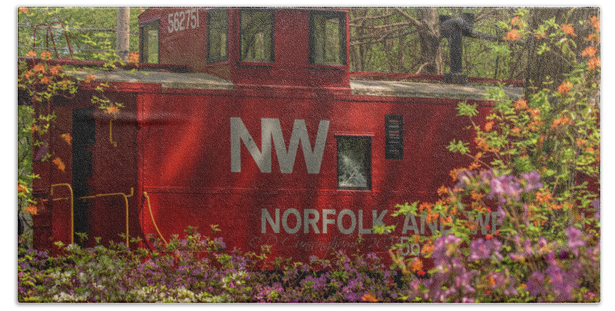 North Western Caboose Beach Sheet featuring the photograph Old Caboose and Azaleas by Dorothy Cunningham