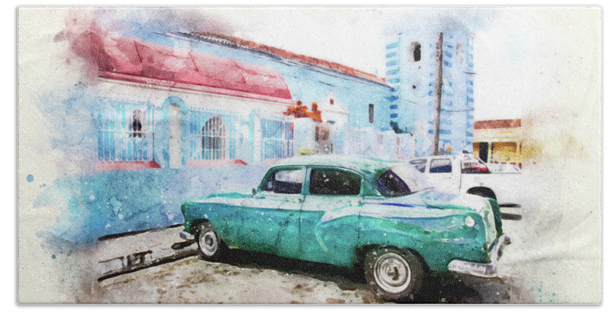 Cuba Beach Towel featuring the digital art Old Classic Car on Cuba City Street by Peggy Collins