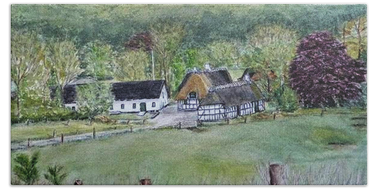 Landscape In Denmark Beach Towel featuring the painting Old Danish Farm House by Kelly Mills