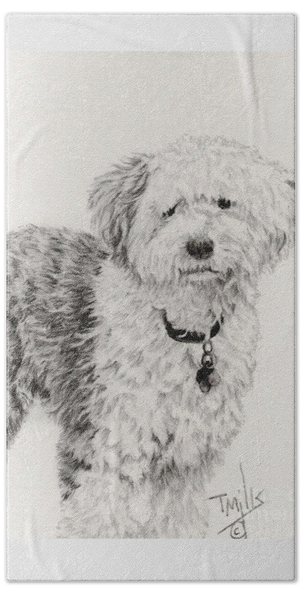 Dog Beach Towel featuring the drawing Old English Sheepdog 1 by Terri Mills