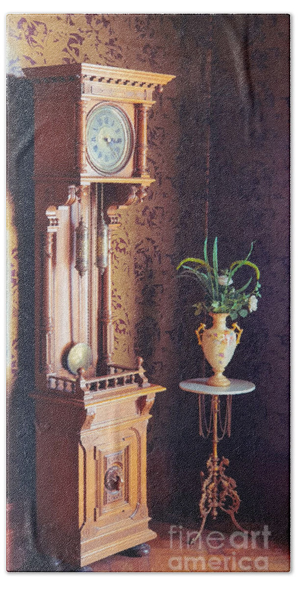 Antique Beach Towel featuring the photograph Old fashioned grandfather clock and antique vase by Mendelex Photography