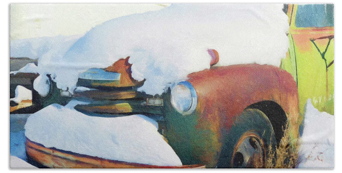 Truck Beach Towel featuring the photograph Old rusty Chevrolet truck covered by snow in Montana #2 by Tatiana Travelways