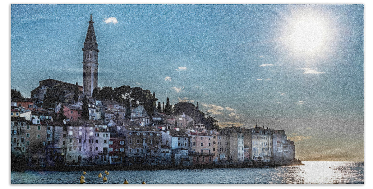 Croatia Beach Towel featuring the photograph Old Town Of The City Of Rovinj In Croatia by Andreas Berthold