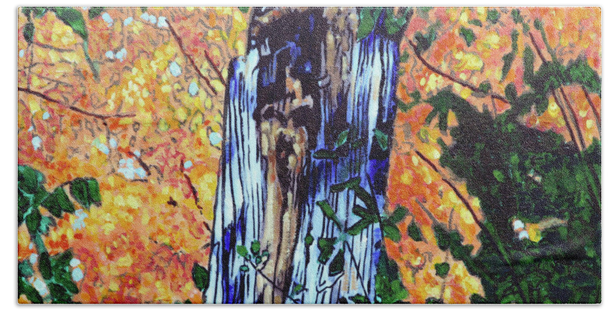 Old Tree Beach Towel featuring the painting Old Tree in Autumn by John Lautermilch