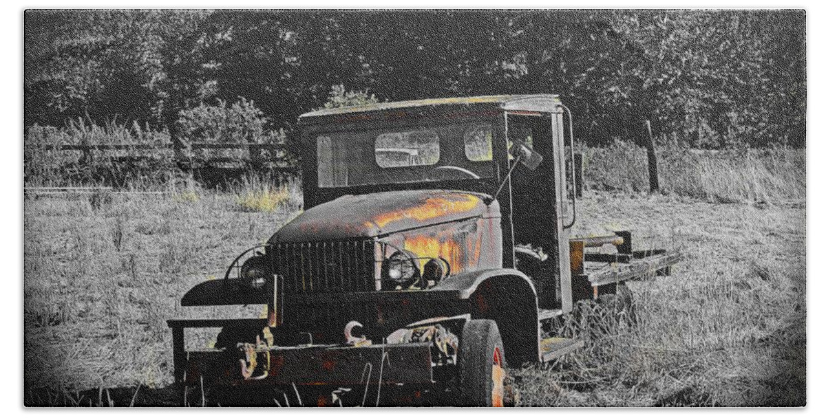  Beach Towel featuring the digital art Old Truck On Sarp Ranch by Fred Loring