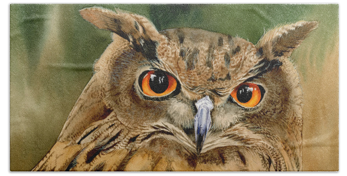 Owl Beach Towel featuring the painting Old Wise Owl by Espero Art