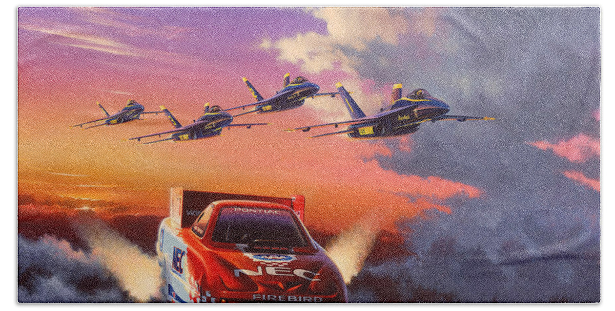 Drag Racing Nhra Top Fuel Funny Car John Force Kenny Youngblood Nitro Champion March Meet Images Image Race Track Fuel Gary Densham Blue Angels Us Air Force. Beach Towel featuring the painting On Angels Wings by Kenny Youngblood