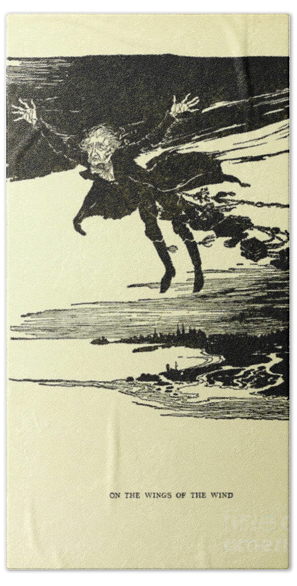 Arthur Rackham Beach Towel featuring the drawing On the wings of the wind i5 by Historic Illustrations
