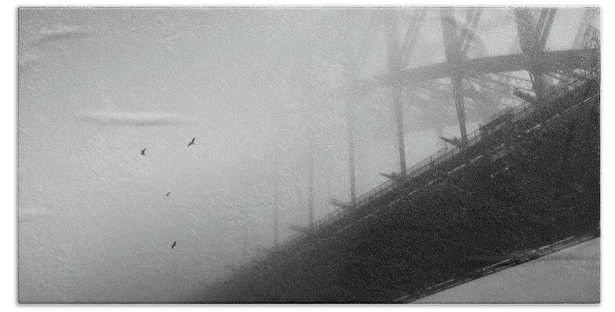Monochrome Beach Towel featuring the photograph One Morning at the Bridge by Grant Galbraith
