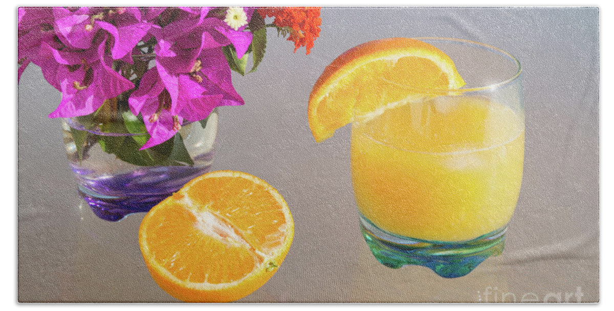 Orange Beach Towel featuring the photograph Orange and tangerine fruit juice in the sunshine by Adriana Mueller