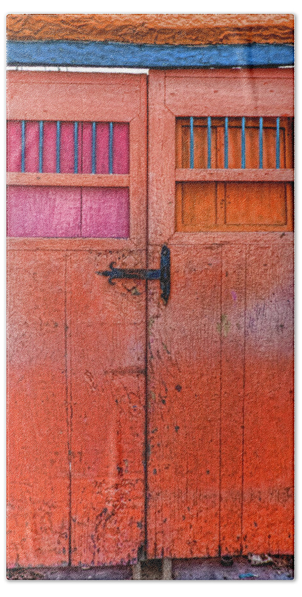 Wooden Door Beach Towel featuring the photograph Orange door in Cozumel, Mexico by Tatiana Travelways