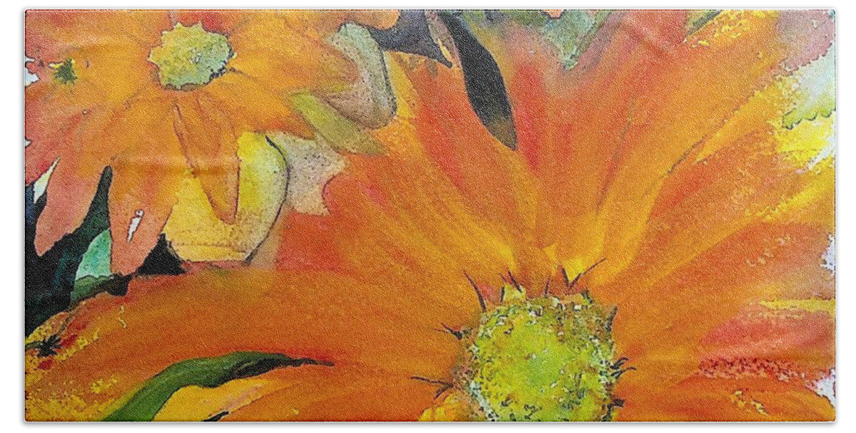 Watercolor Beach Towel featuring the painting Orange flowers by Valerie Shaffer