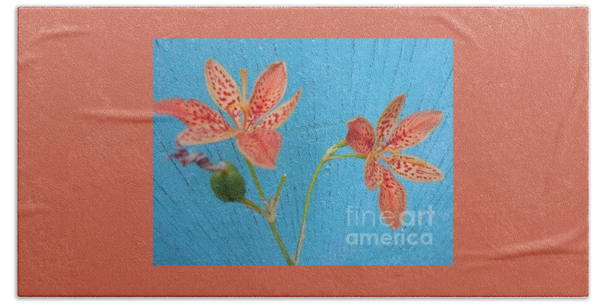 Orange Beach Towel featuring the photograph Orange Lily on blue by Nancy Graham