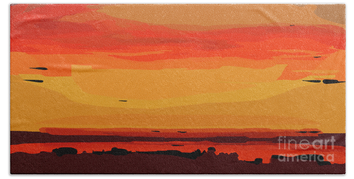 Abstract-sunset Beach Towel featuring the digital art Orange Ocean Sunset by Kirt Tisdale