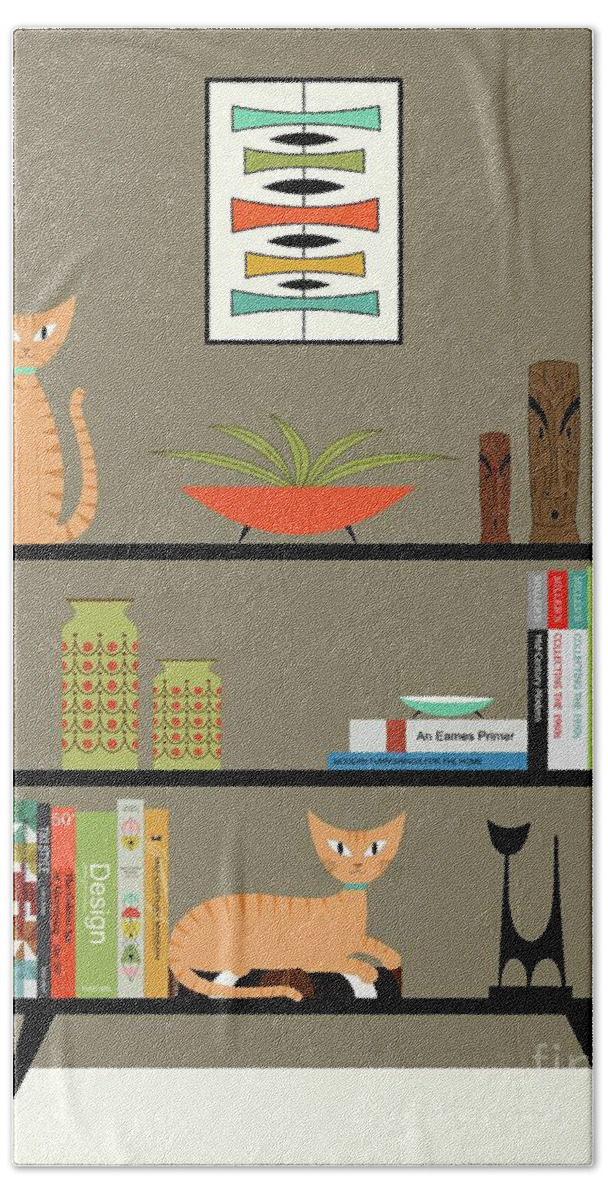 Mid Century Modern Orange Tabby Cats Beach Towel featuring the digital art Orange Tabby Cats on Bookcase by Donna Mibus