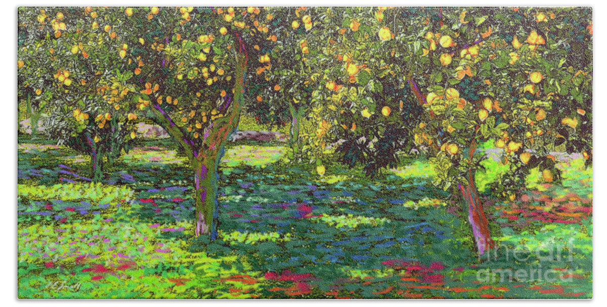 Landscape Beach Towel featuring the painting Orchard of Lemon Trees by Jane Small