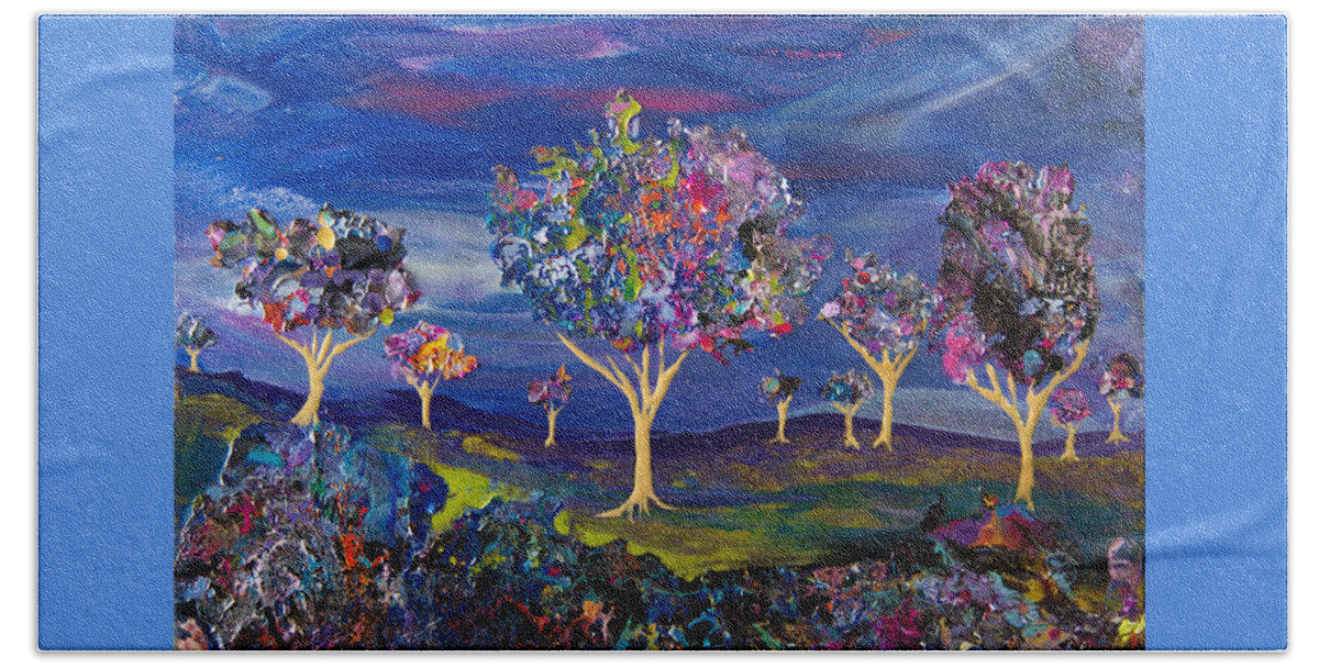 Landscape Collage Trees Orchard Beach Towel featuring the painting Orchard On The Hill 7697B by Priscilla Batzell Expressionist Art Studio Gallery