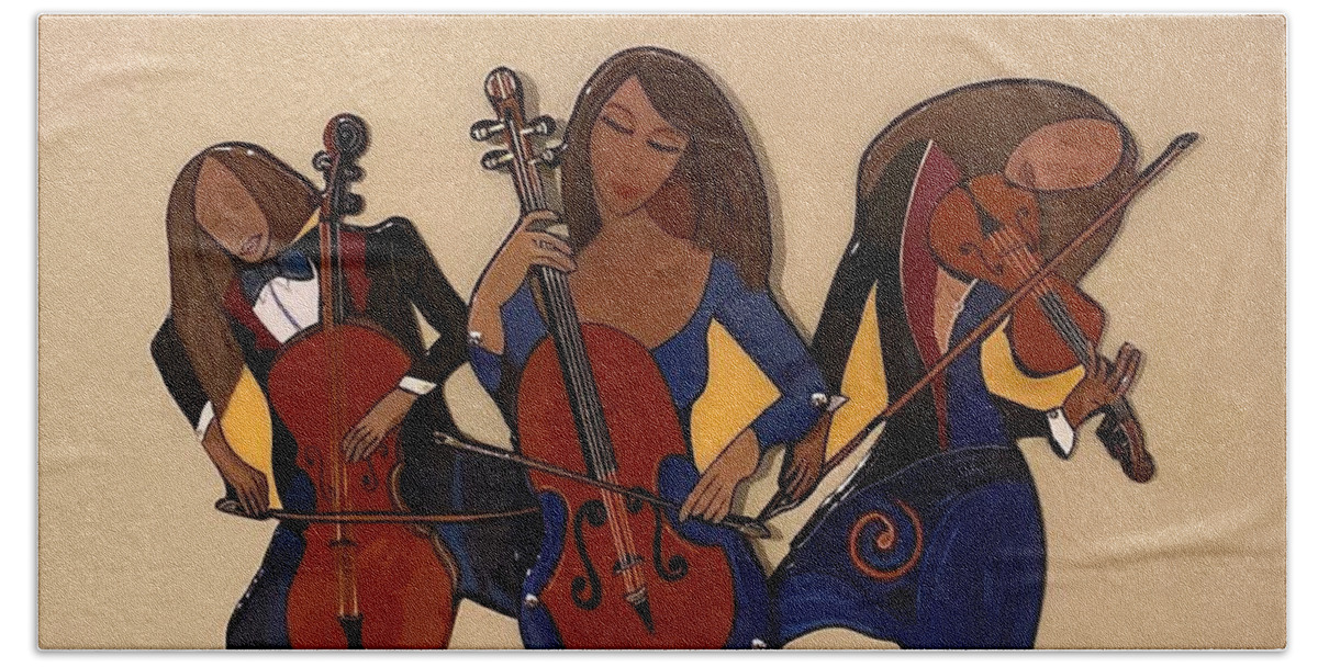 Music Beach Towel featuring the mixed media Orchestral Trio by Bill Manson