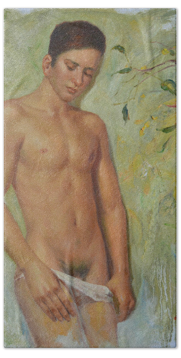 Original. Oil Painting Art Beach Towel featuring the painting Original man oil painting gay body art-young male nude in the autumn by Hongtao Huang