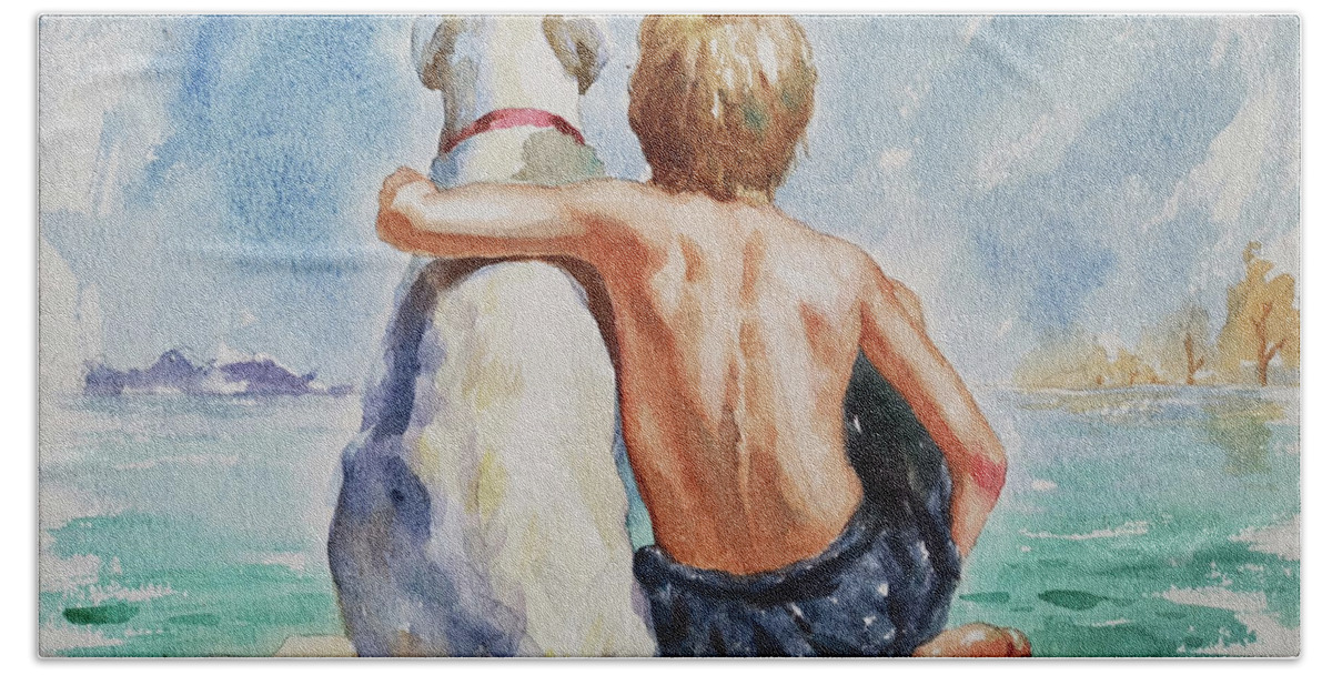 Original Art Beach Sheet featuring the painting Original Watercolour Painting Nude Boy And Dog#16-11-18 by Hongtao Huang