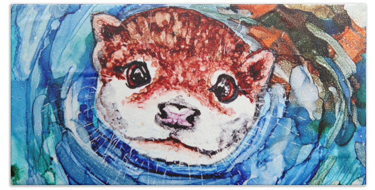 Alcohol Inks Beach Towel featuring the painting Otter by Maria Barry