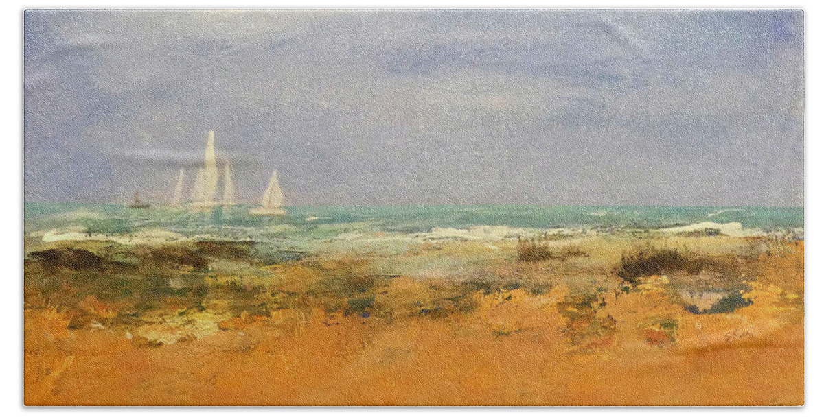 Landscape Beach Towel featuring the painting Out for a Sail on a Sunny Day by Sharon Williams Eng