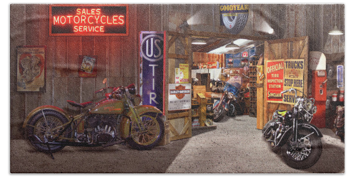 Motorcycle Shop Beach Towel featuring the photograph Outside the Motorcycle Shop by Mike McGlothlen