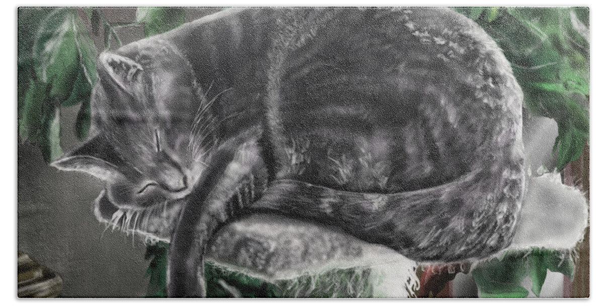 Animal Portrait Beach Towel featuring the painting Overdue Cat nap by Rob Hartman