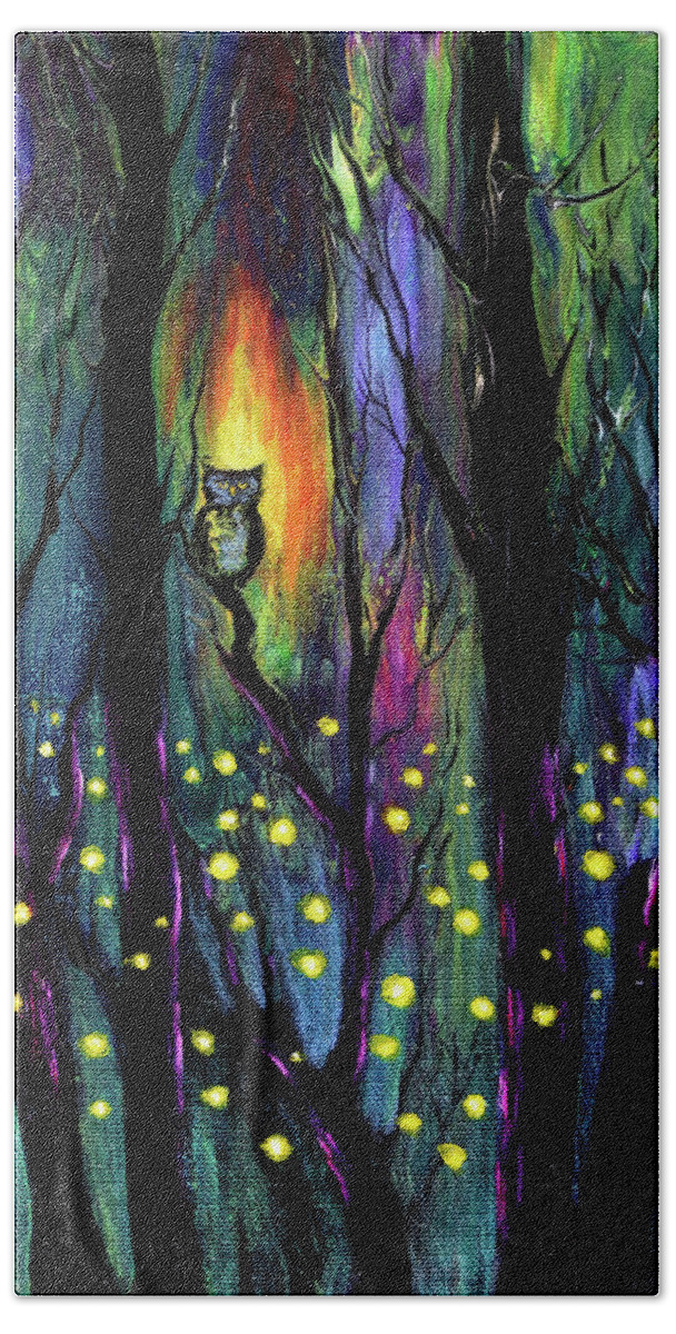 Pour Painting Beach Towel featuring the painting Owl in a Deep Dark Forest by Laura Iverson
