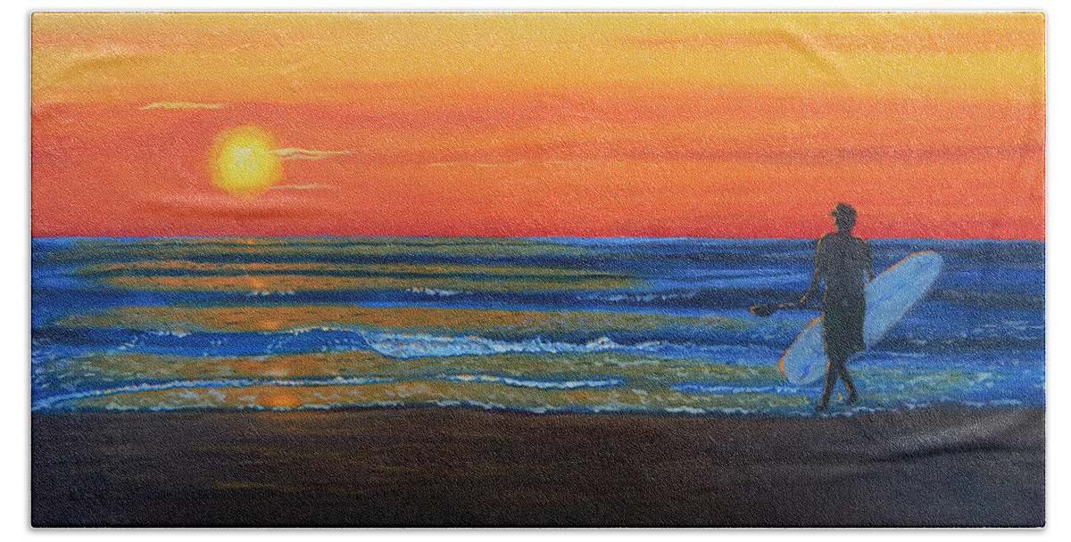 Surf Beach Towel featuring the painting Paddle Up, Let's Ride by Mike Kling