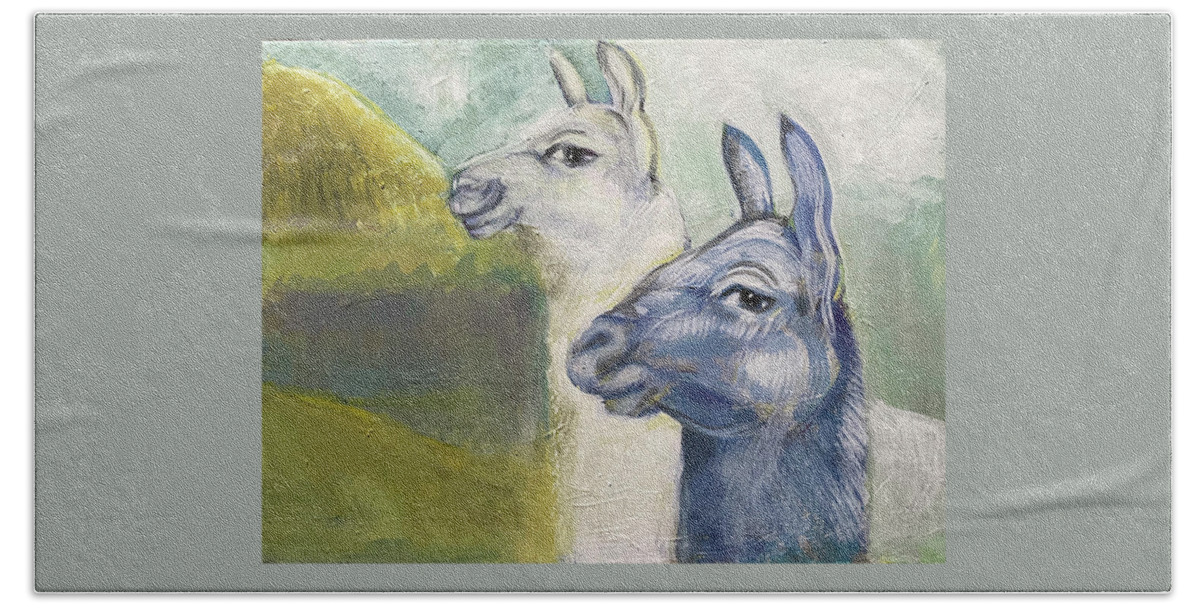 Alpaca Beach Towel featuring the painting Alpaca and Llama, Andes, Ecuador by Suzanne Giuriati Cerny