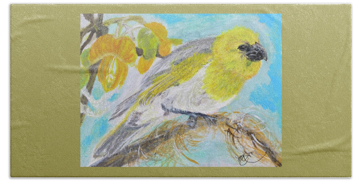 Palila Beach Towel featuring the painting Palila in the Mamane Tree by Melody Fowler