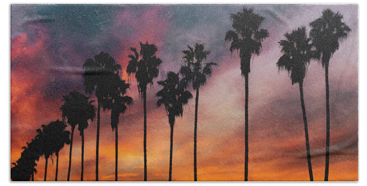 La Jolla Shores Beach Towel featuring the photograph Palm Trees at Sunset - La Jolla Shores by Russ Harris