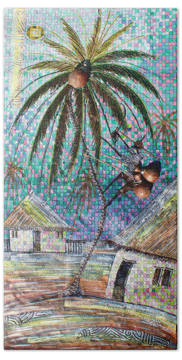 Africa Beach Towel featuring the painting Palm Wine Tapper by Paul Gbolade Omidirian