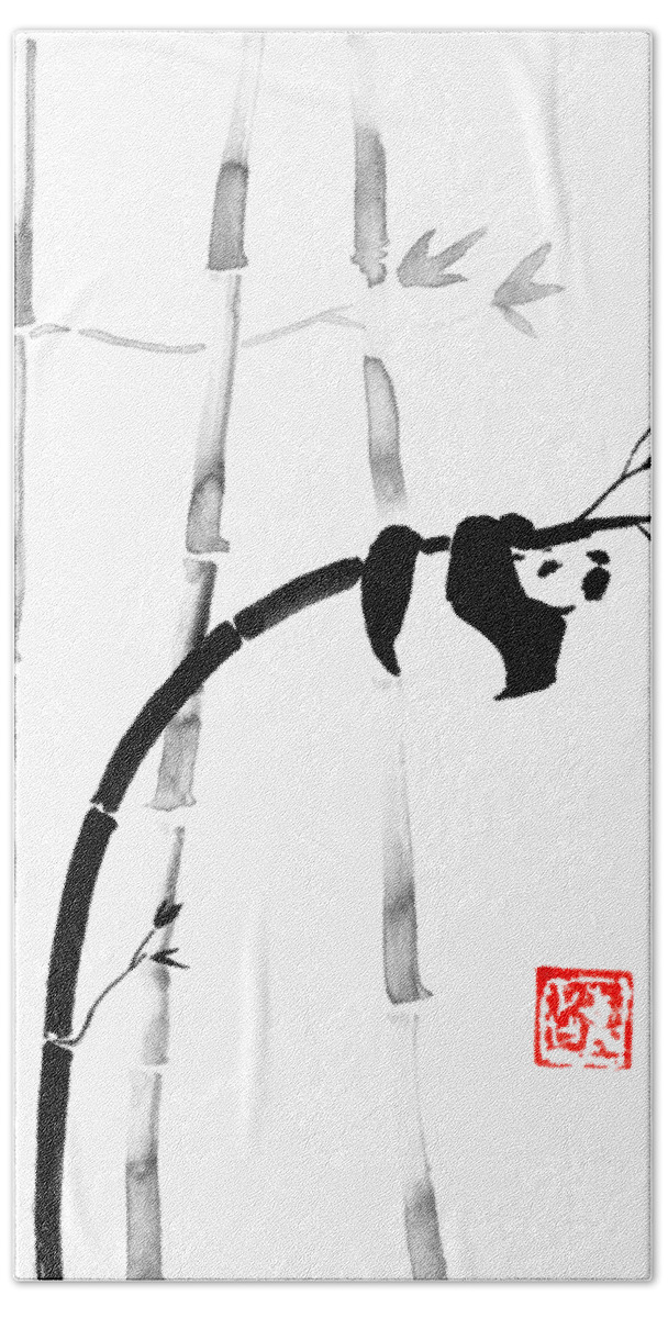 Panda Beach Towel featuring the drawing Panda On Bamboo by Pechane Sumie