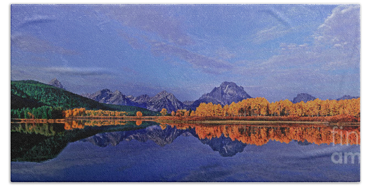 Dave Wellling Beach Towel featuring the photograph Panorama Fall Morning Oxbow Bend Grand Tetons by Dave Welling