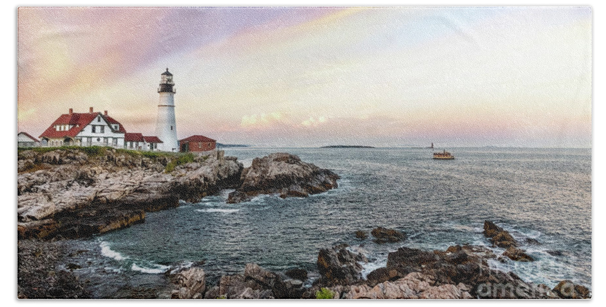 Maine Beach Towel featuring the photograph Panoramic view of the Portland Head Lighthouse at sunset. Cape Elizabeth, Maine, USA. by Jane Rix