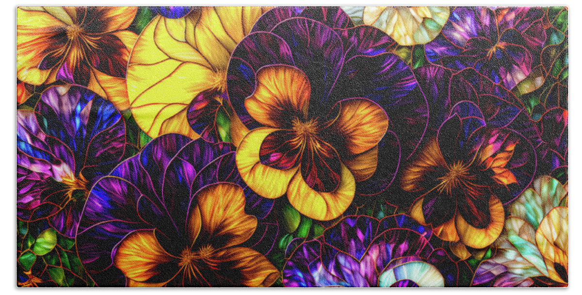 Pansies Beach Towel featuring the digital art Pansies - Stained Glass by Peggy Collins