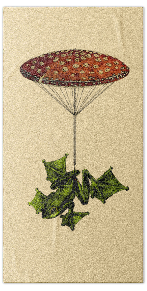 Frog Beach Towel featuring the mixed media Parachute Frog by Madame Memento