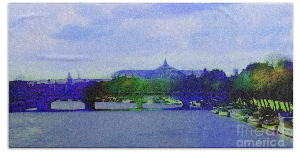 Digital Art Beach Towel featuring the digital art Paris with love -The River Seine overlooking the Grand Palais by Leonida Arte